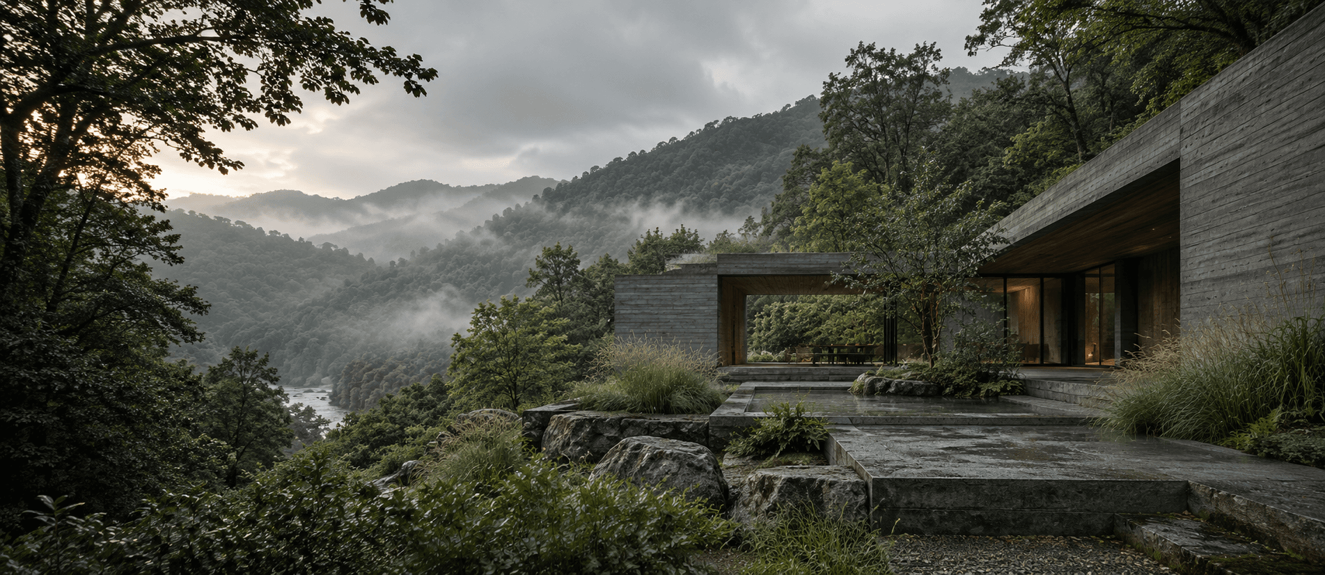Concrete residence set into a forested mountainside