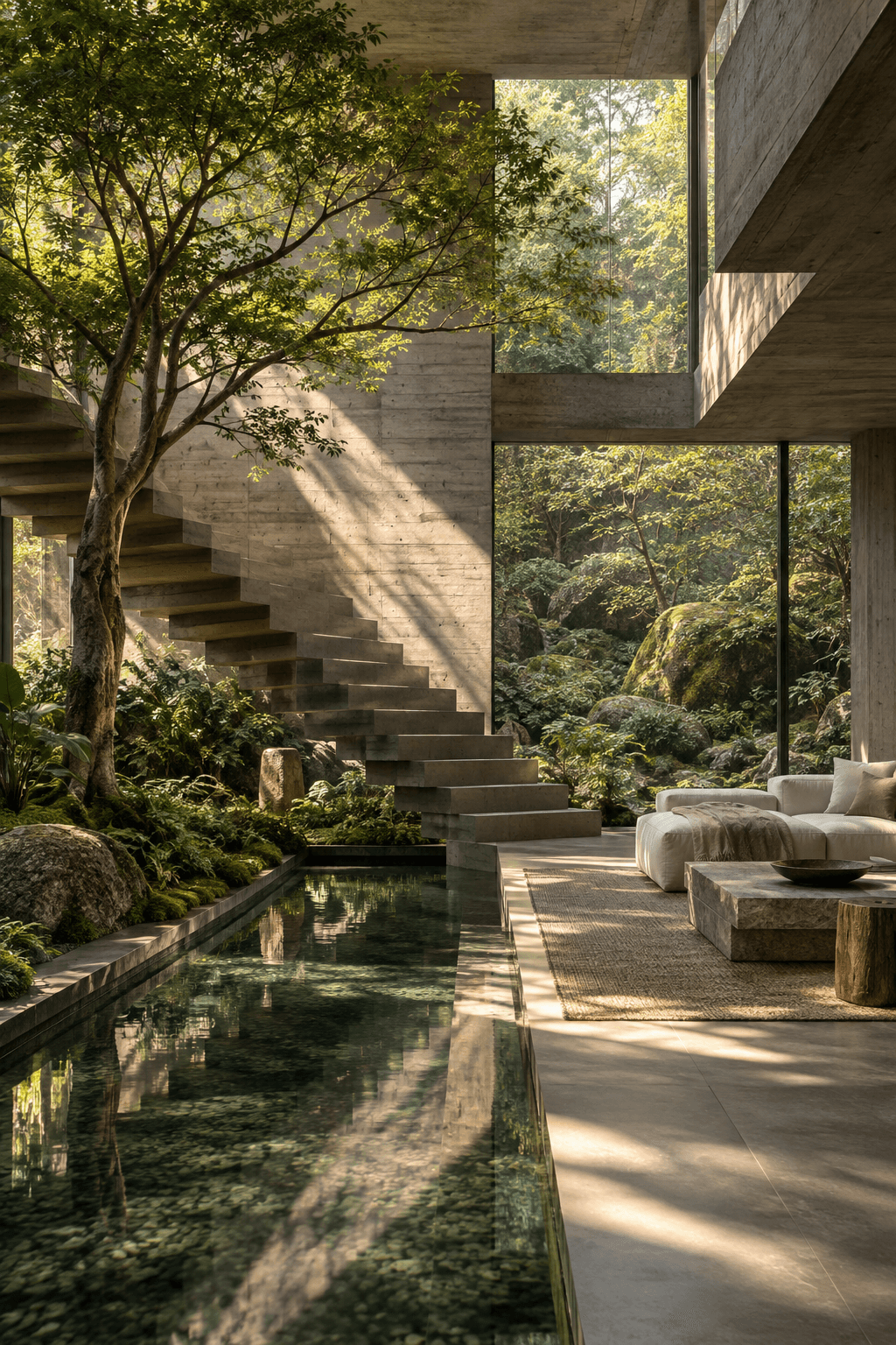 Concrete interior with a staircase, tree and reflecting pool